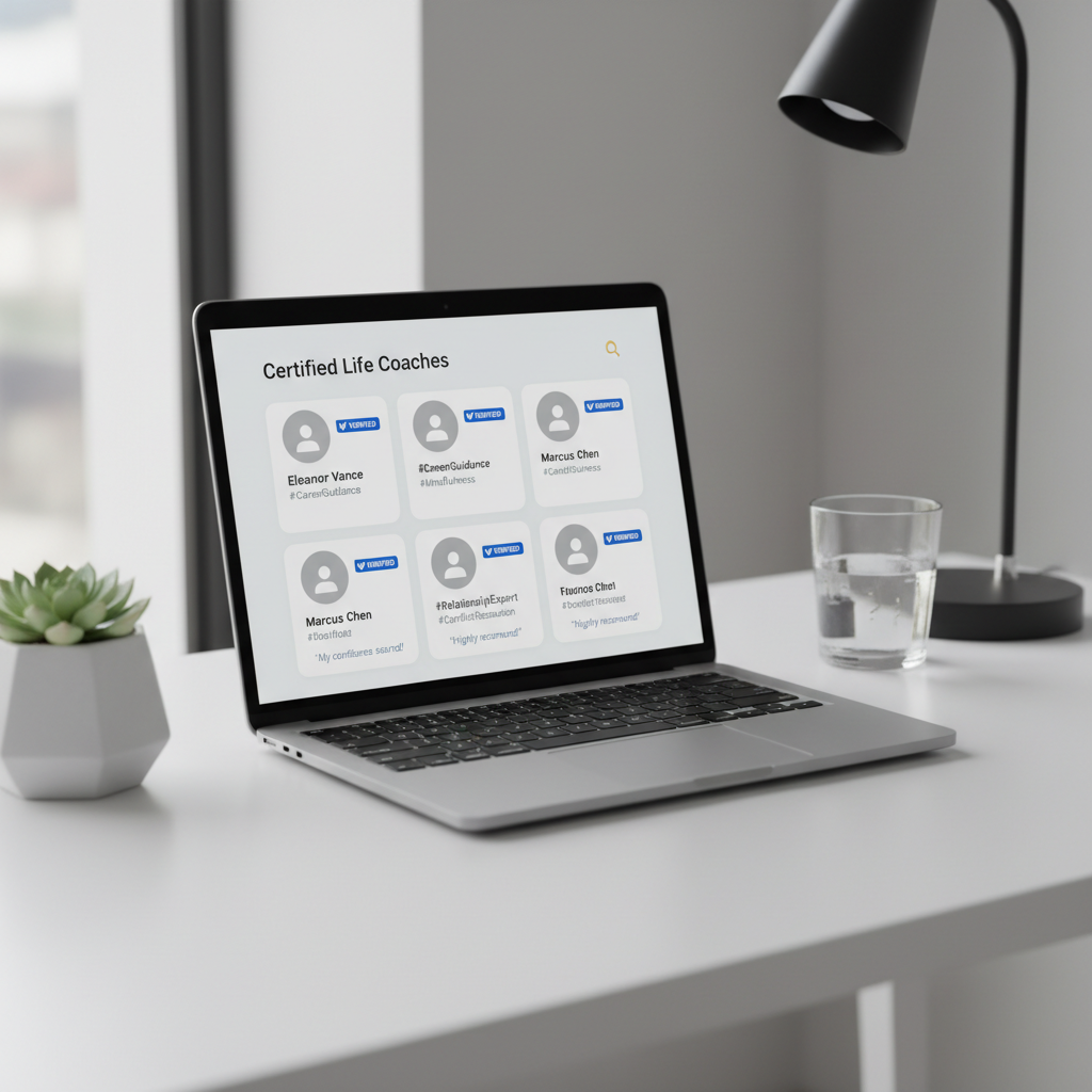 A close-up of a laptop screen on a matte white desk, showing an elegant search results page for life coaches, with neatly organized profile tiles, each featuring a circular placeholder avatar, a bold verified shield badge, specialization tags, and concise client-only review excerpts. Around the laptop are a small potted plant, a glass of water, and a minimal desk lamp turned off. Overcast natural light from an unseen window softly illuminates the workspace, creating a serene, distraction-free environment. Photographic realism with a slightly elevated angle and shallow depth of field, evoking credibility, focus, and careful curation.