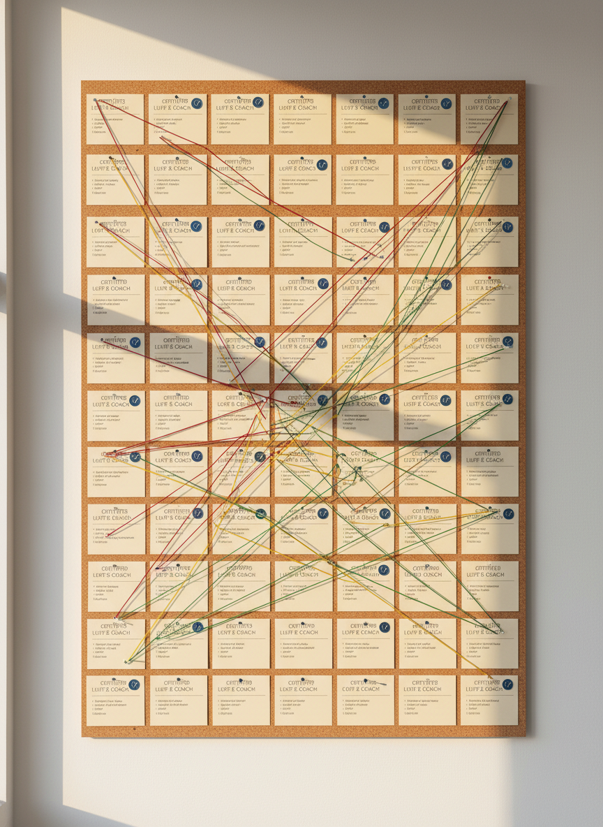 A large corkboard mounted on a clean white wall, covered with meticulously arranged index cards representing coach profiles. Each card has typed headings like “Certified Life Coach,” verified icons subtly embossed in metallic blue, and neatly aligned bullet points for client feedback. Colored thread connects related cards, forming a visual network of carefully vetted options. The scene is lit by warm afternoon sunlight streaming in from the left, casting long, soft shadows and highlighting the texture of the cork. Photographic realism, shot straight-on with sharp focus throughout, conveying structure, discernment, and thoughtful organization.